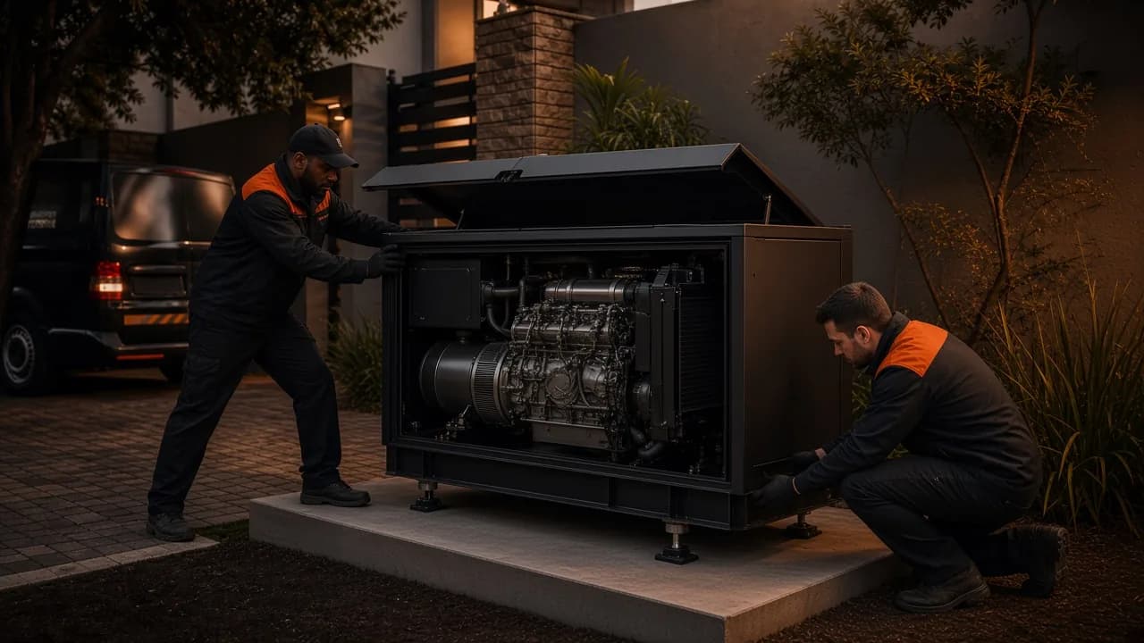 Two technicians servicing a residential standby generator