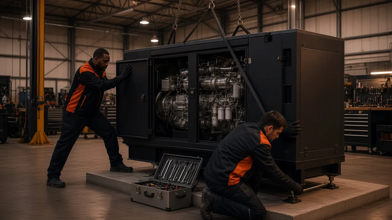 Two technicians working on a large industrial diesel generator in a workshop