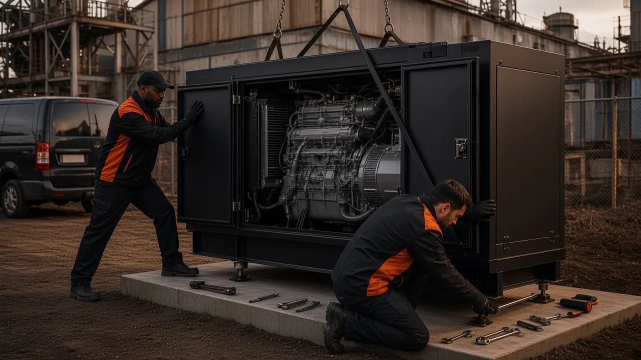 Two technicians repairing a medium-to-large diesel generator