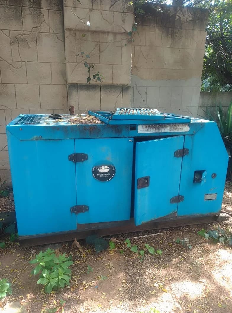 Faded light-blue Steinpower canopied diesel generator with one door ajar beside a stone-clad garden wall