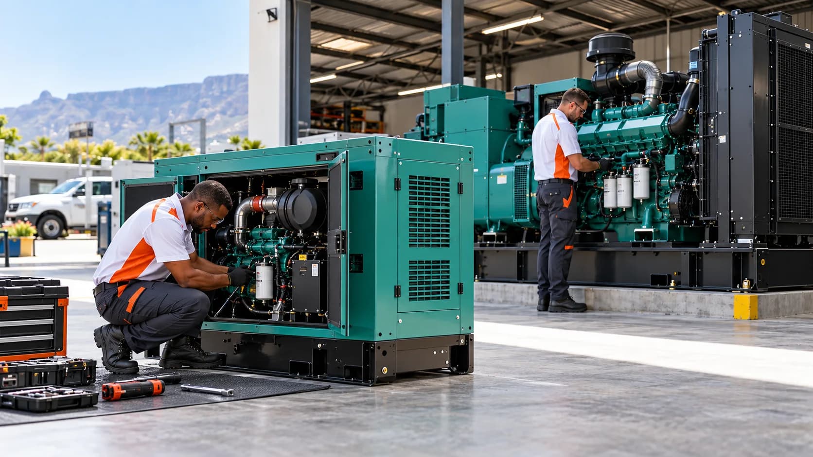 Two technicians servicing a white diesel standby generator