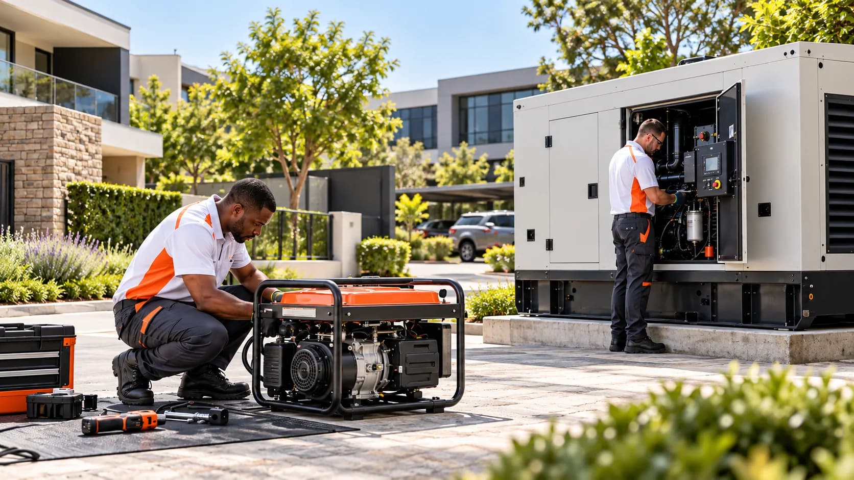 Two technicians servicing a residential standby generator