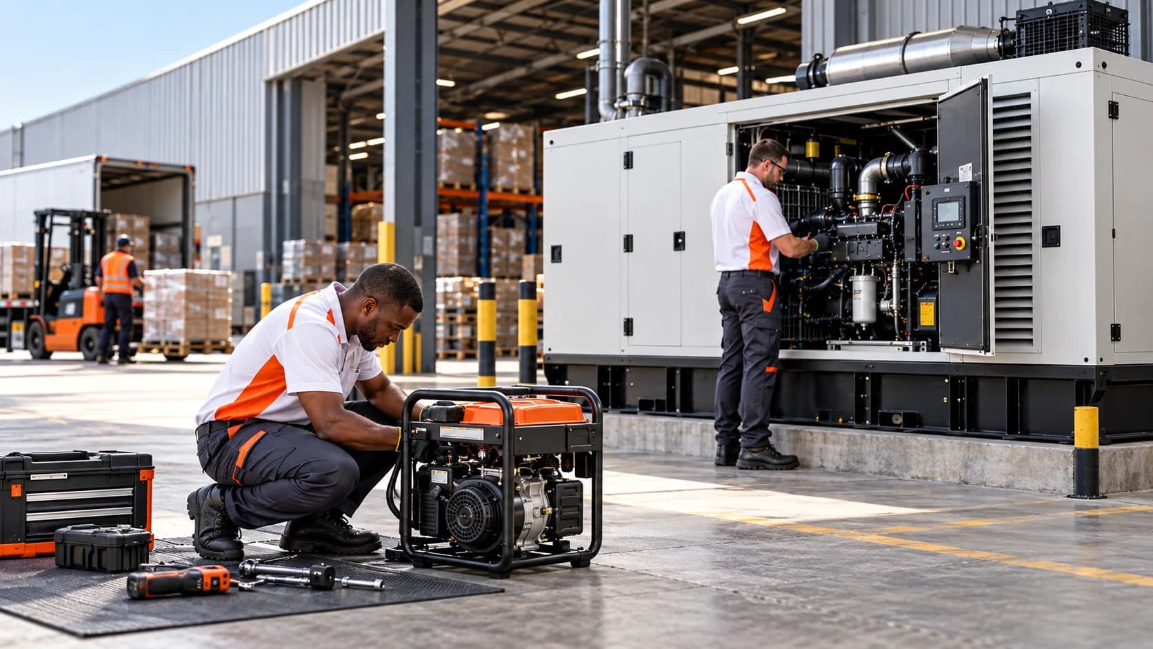 Two technicians inspecting a large industrial diesel generator