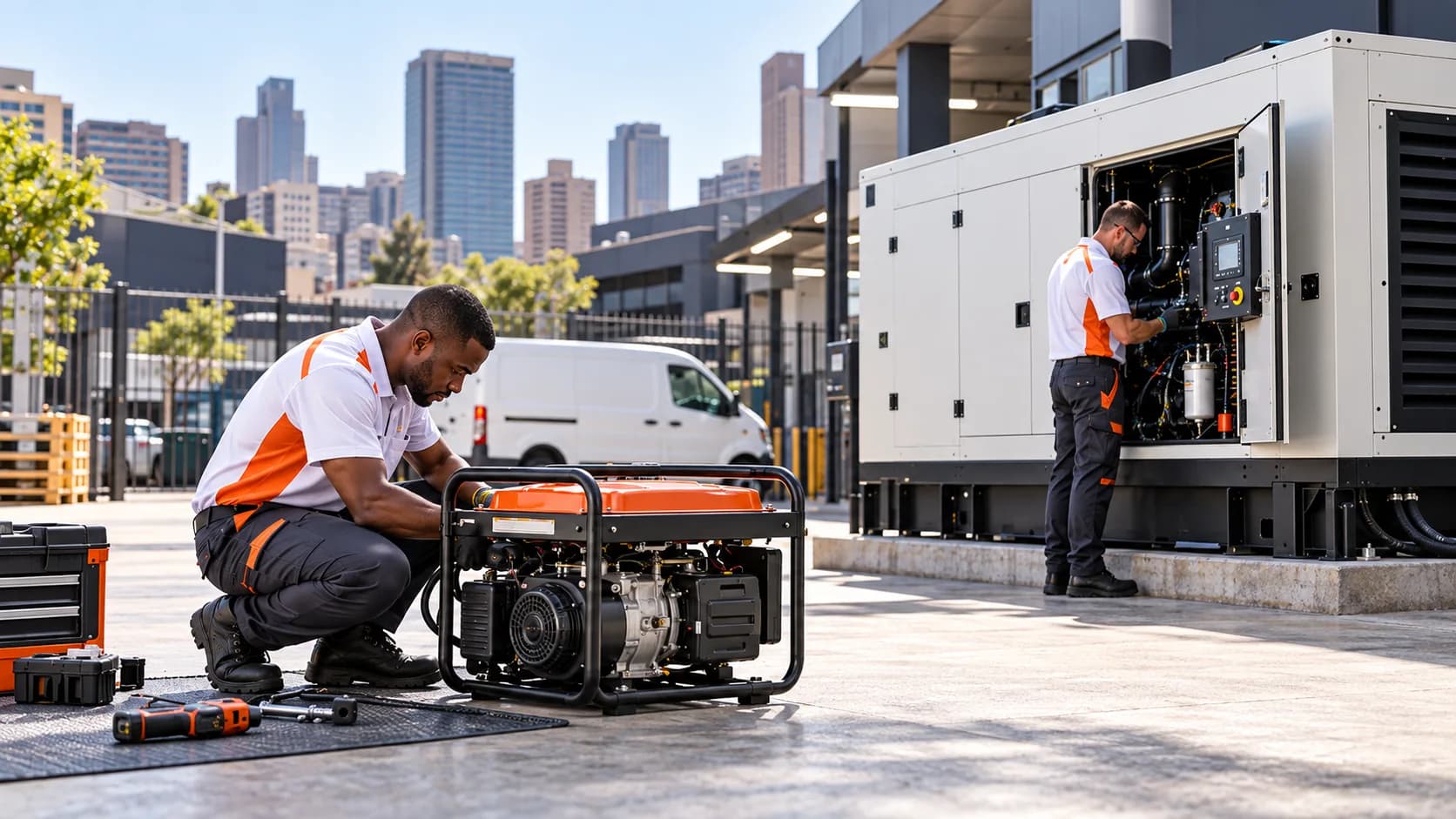 Two technicians servicing a medium commercial diesel generator
