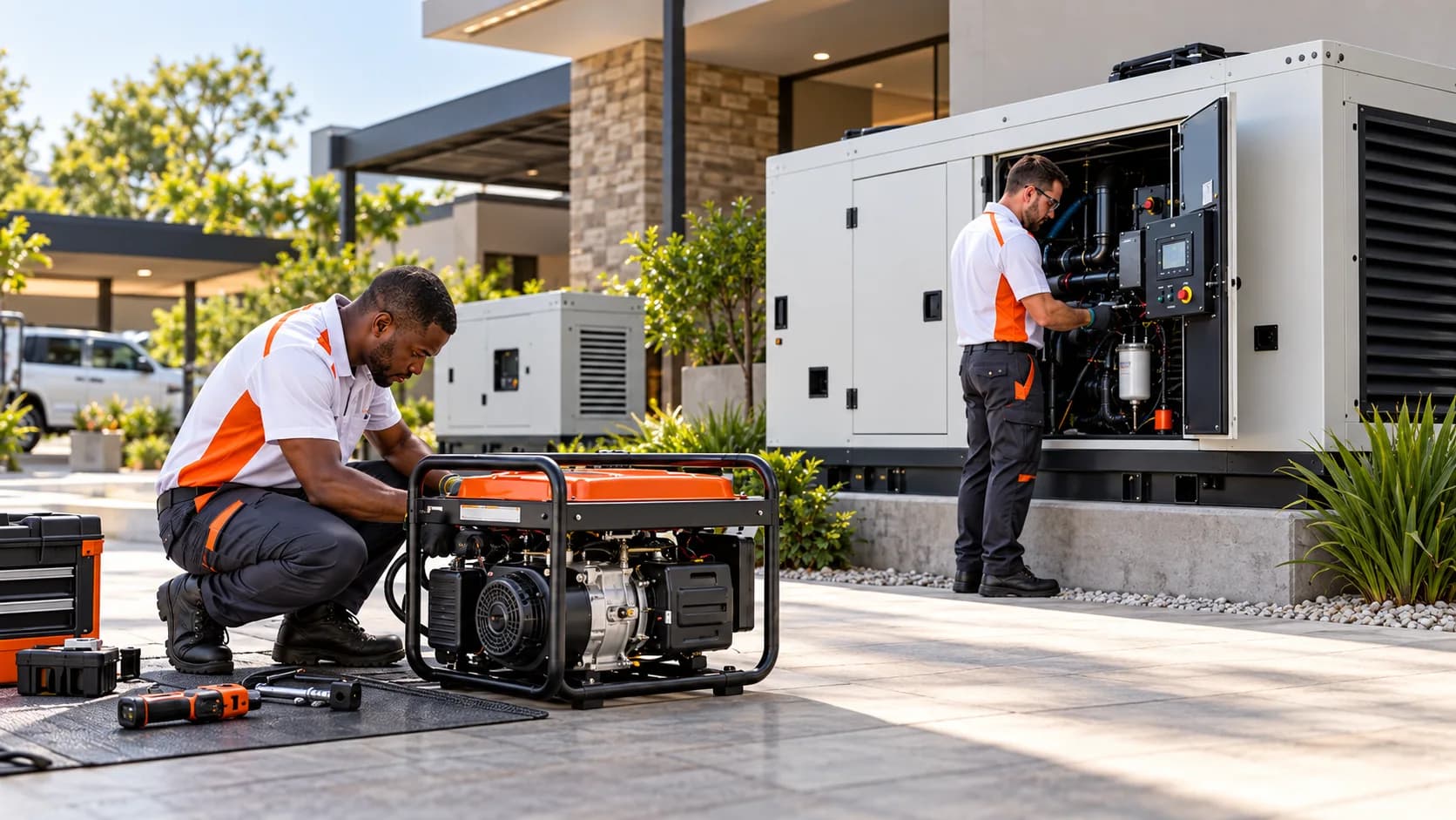 Two technicians inspecting a large standby diesel generator