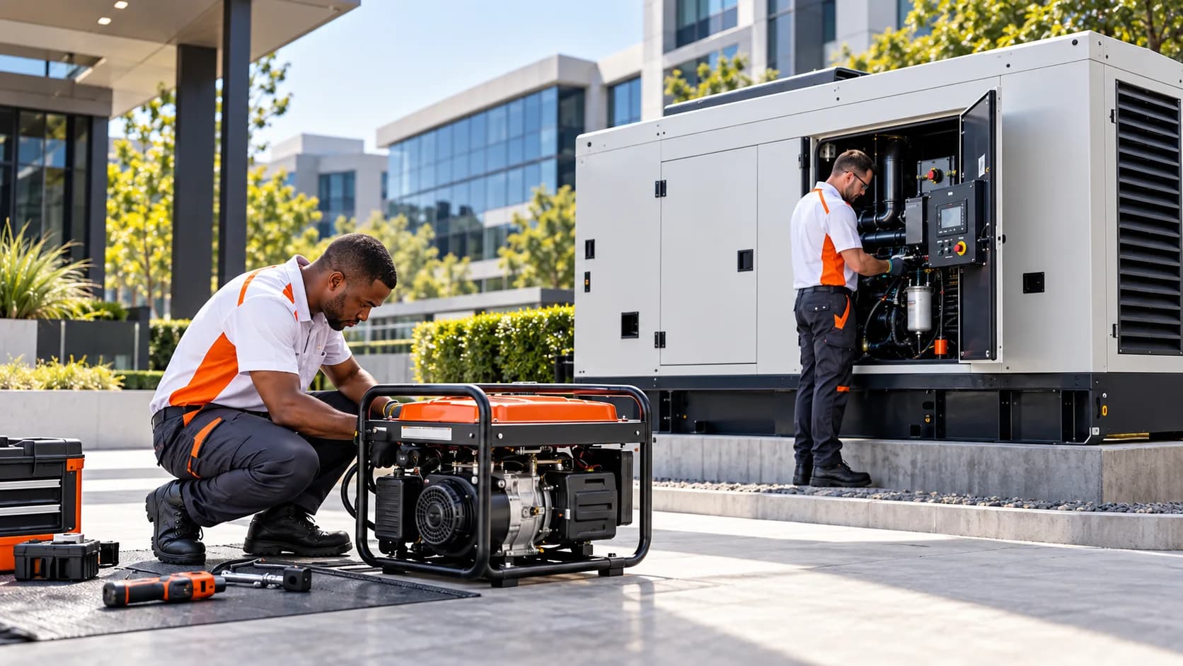 Two technicians diagnosing a commercial generator outside an office building