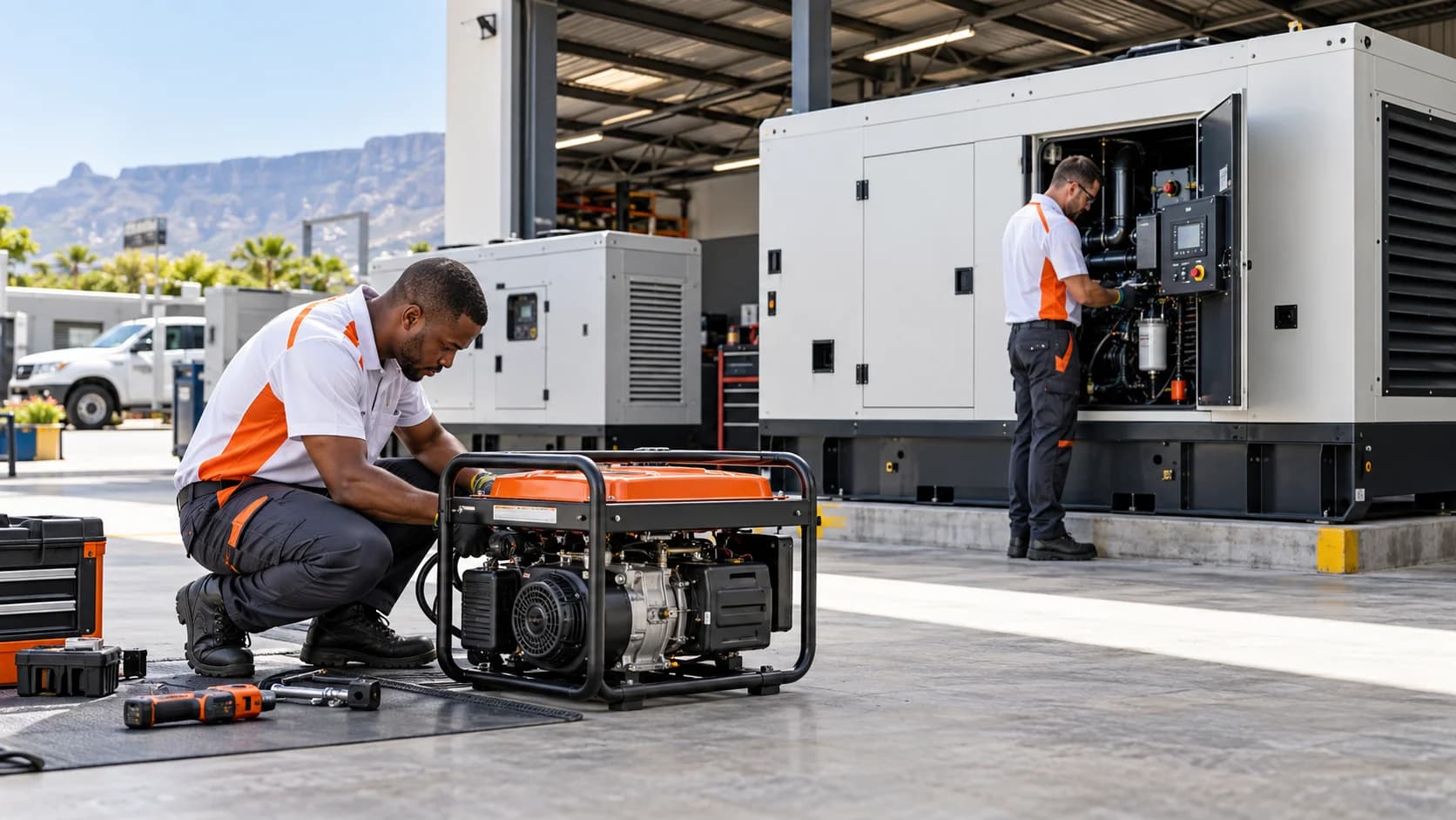 Generator technicians servicing small and commercial generators
