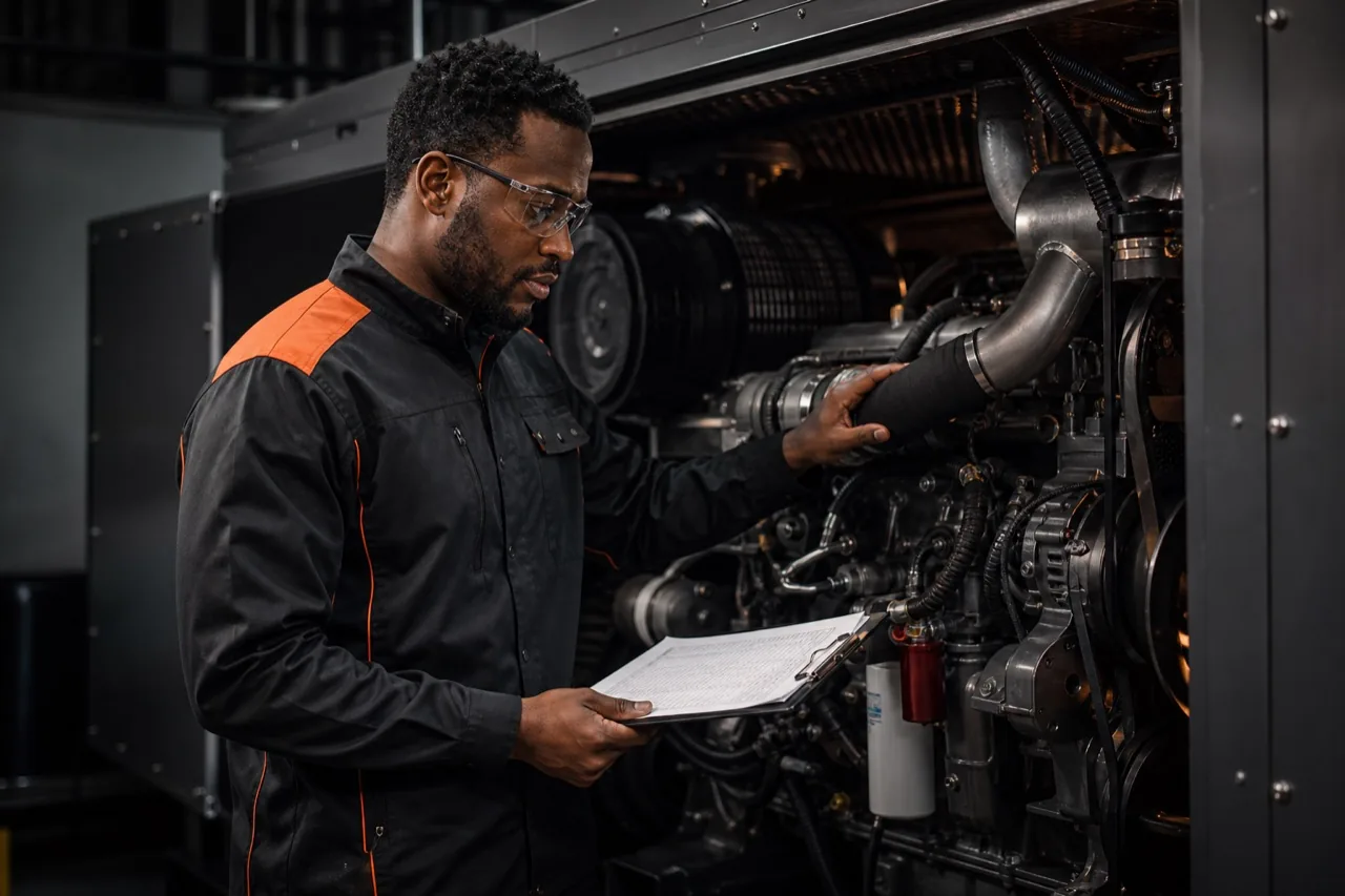 Technician inspecting a diesel generator with a clipboard