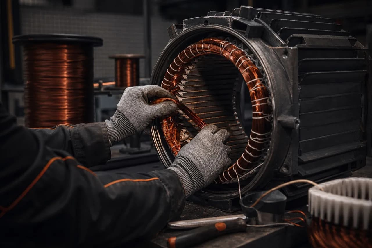 Technicians inspecting copper windings on a generator stator