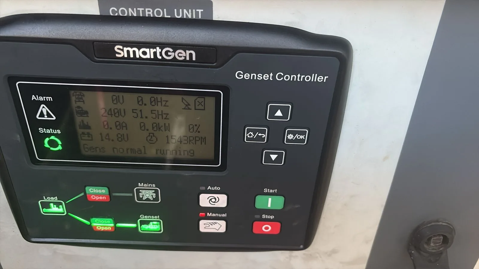 SmartGen genset controller reading 240 V, 51.5 Hz and 1543 rpm with the message gens normal running