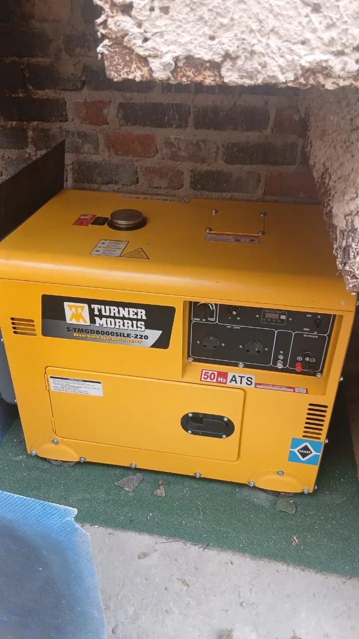 Yellow Turner Morris S-TMGD8000SILE-220 silent diesel generator with ATS panel in a brick alcove on a green mat